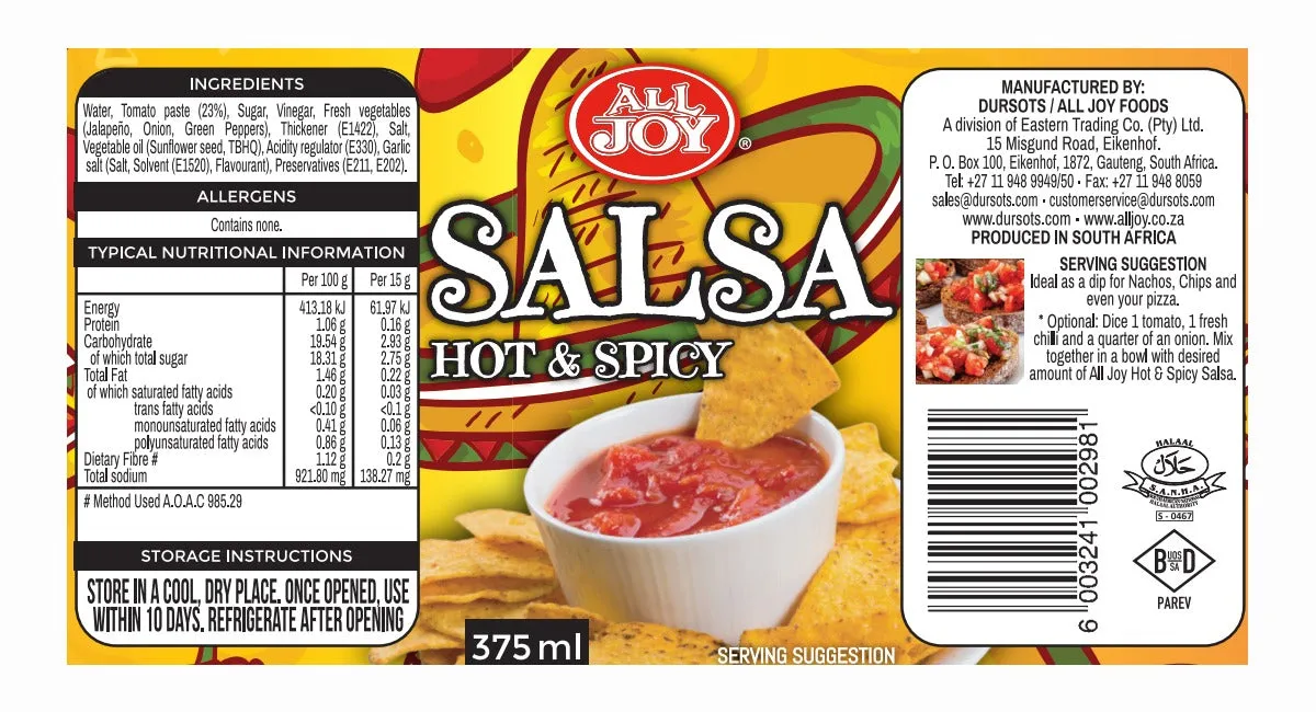 All Joy Salsa Hot & Spicy 375ml - 6 Pack
