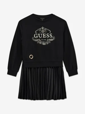 Guess Girls Mixed Fabric Pleated Dress in Black