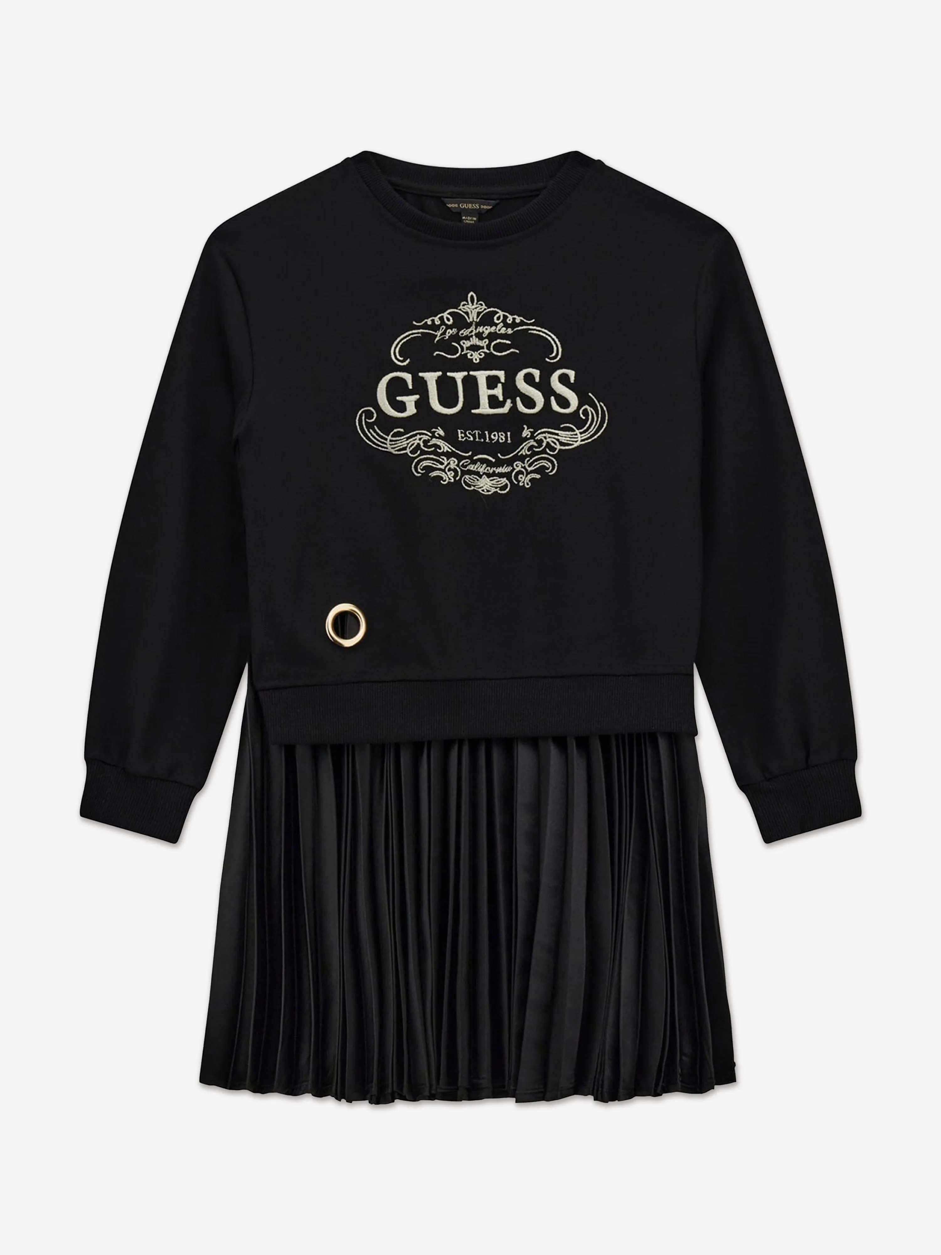 Guess Girls Mixed Fabric Pleated Dress in Black