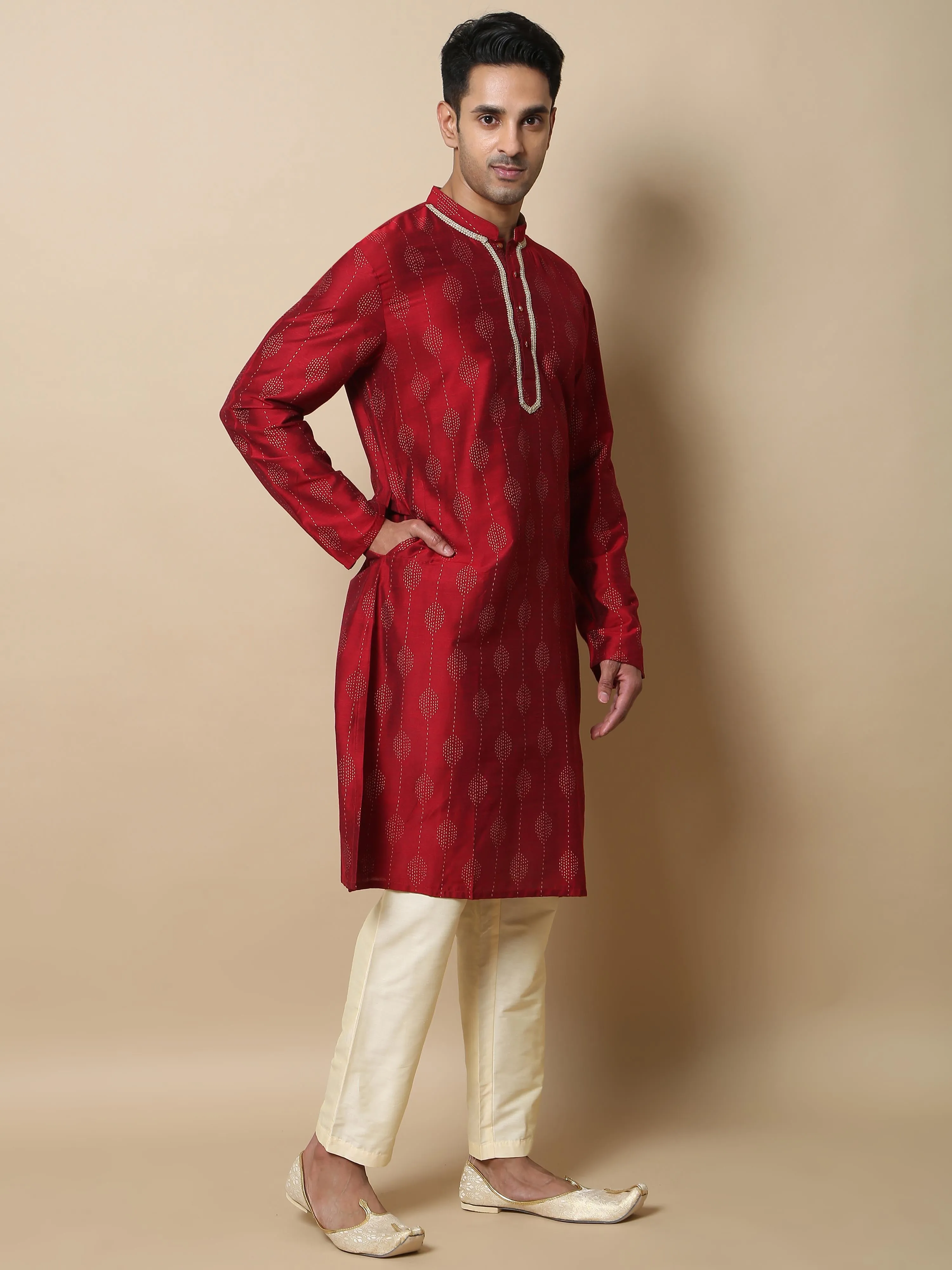 Maroon with Gold Print Long Kurta