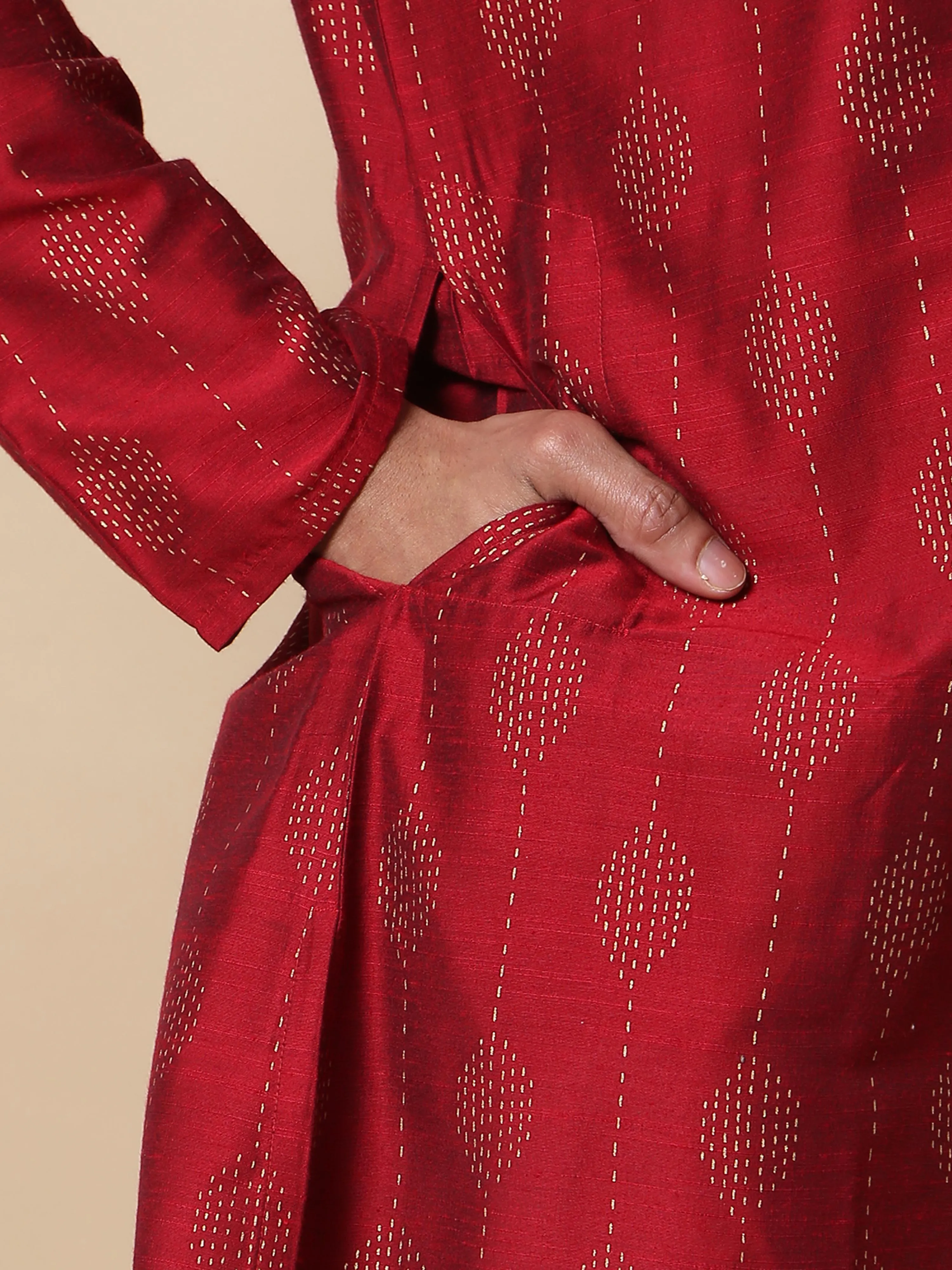 Maroon with Gold Print Long Kurta