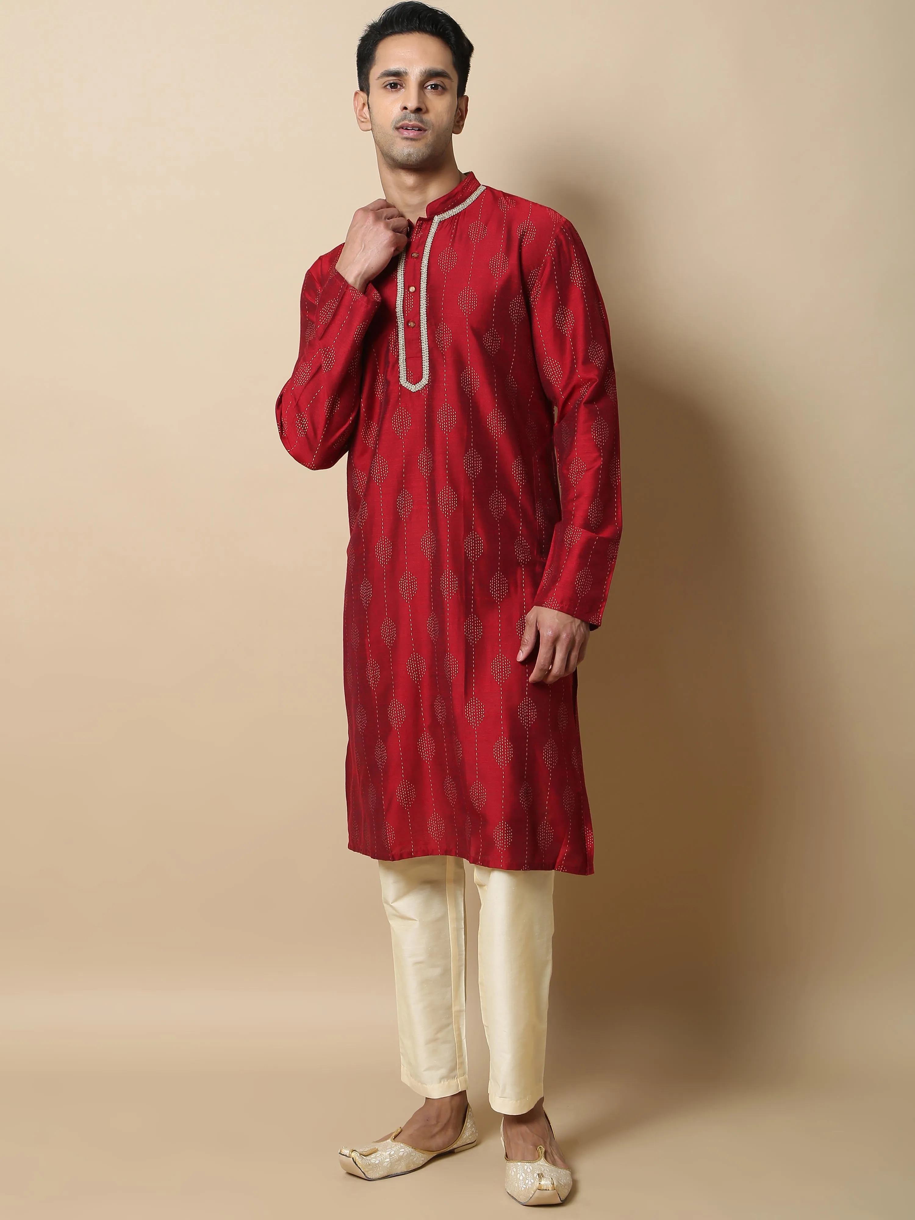 Maroon with Gold Print Long Kurta