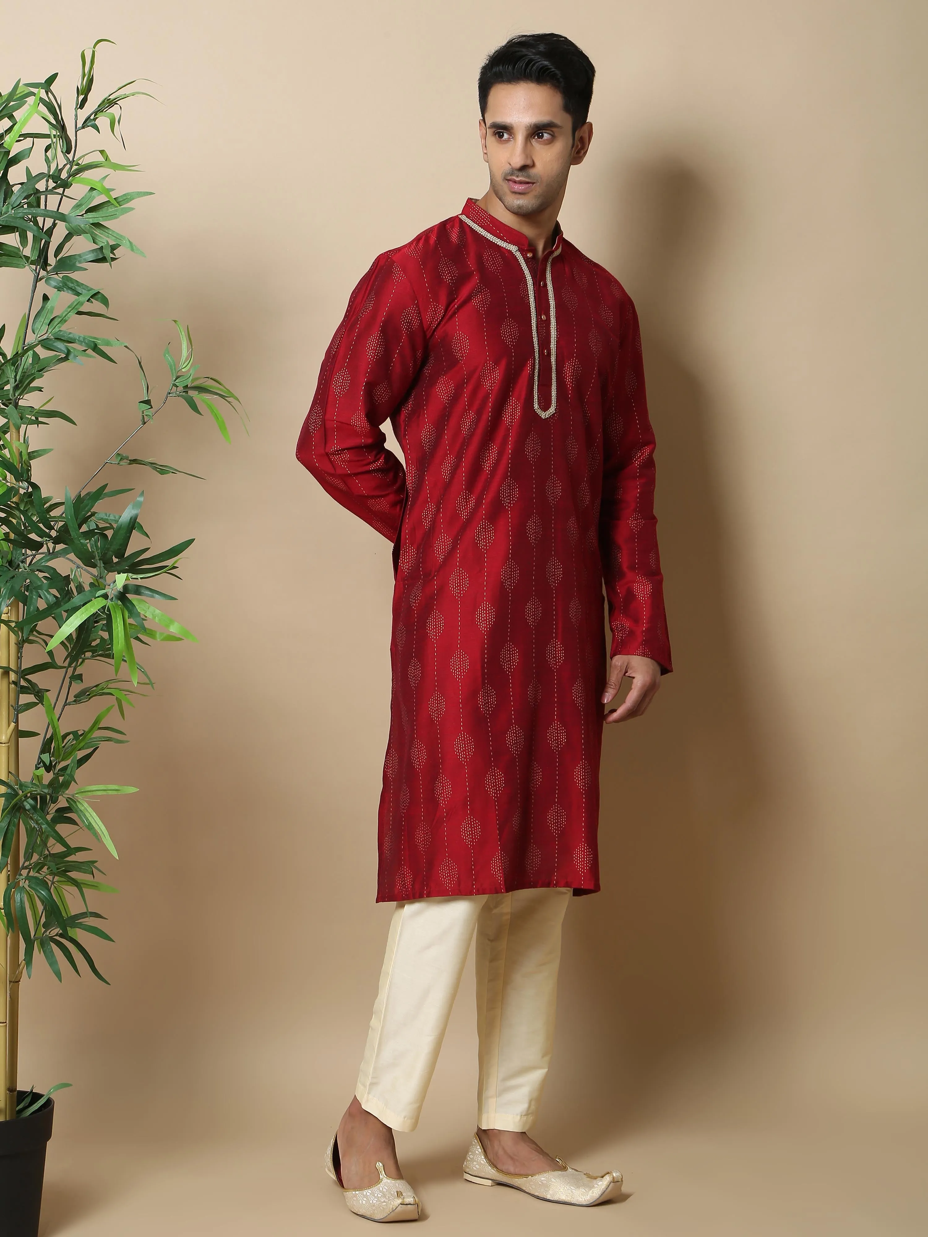 Maroon with Gold Print Long Kurta