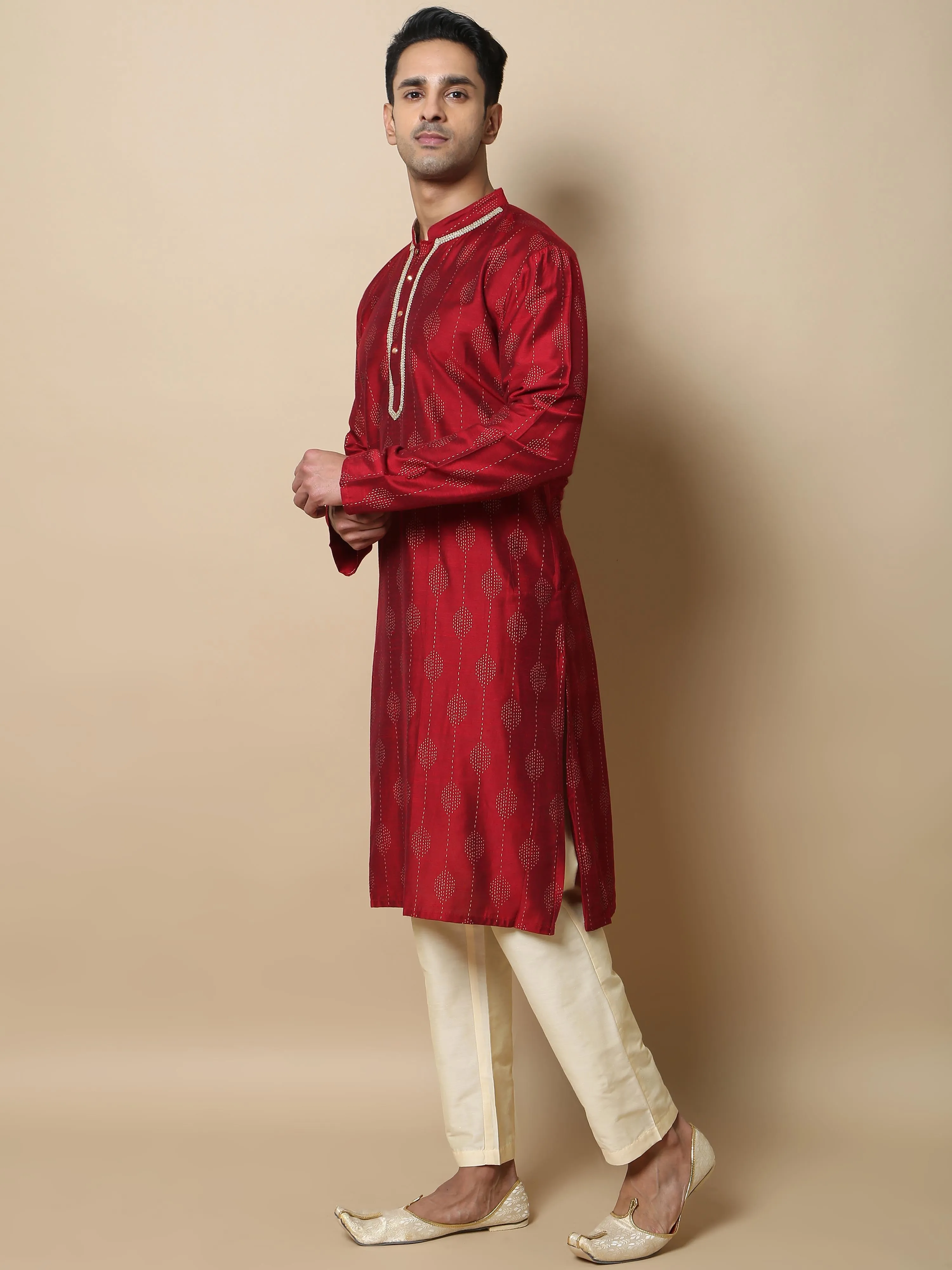Maroon with Gold Print Long Kurta