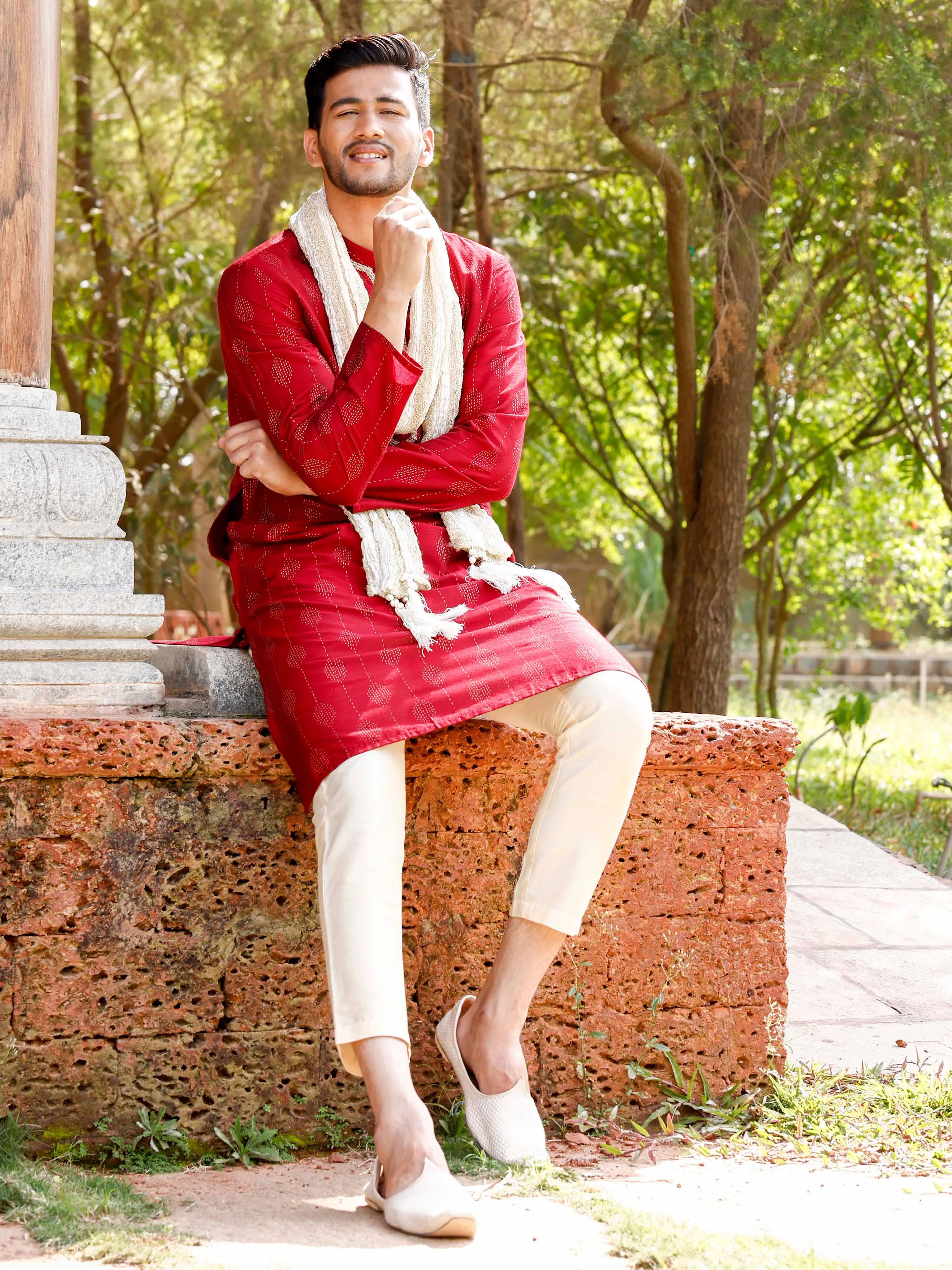 Maroon with Gold Print Long Kurta