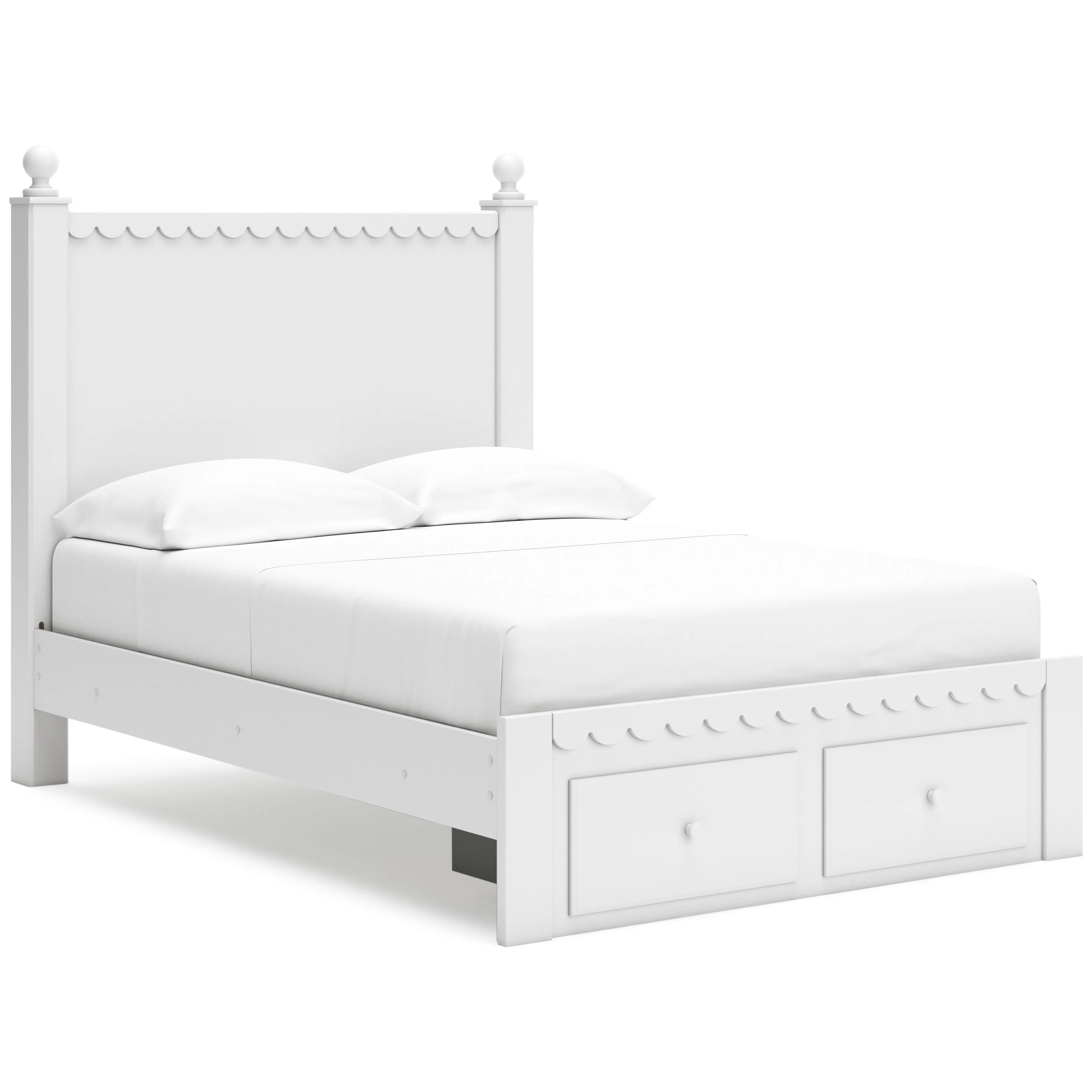 Mollviney Full Panel Storage Bed with Mirrored Dresser and Chest in White