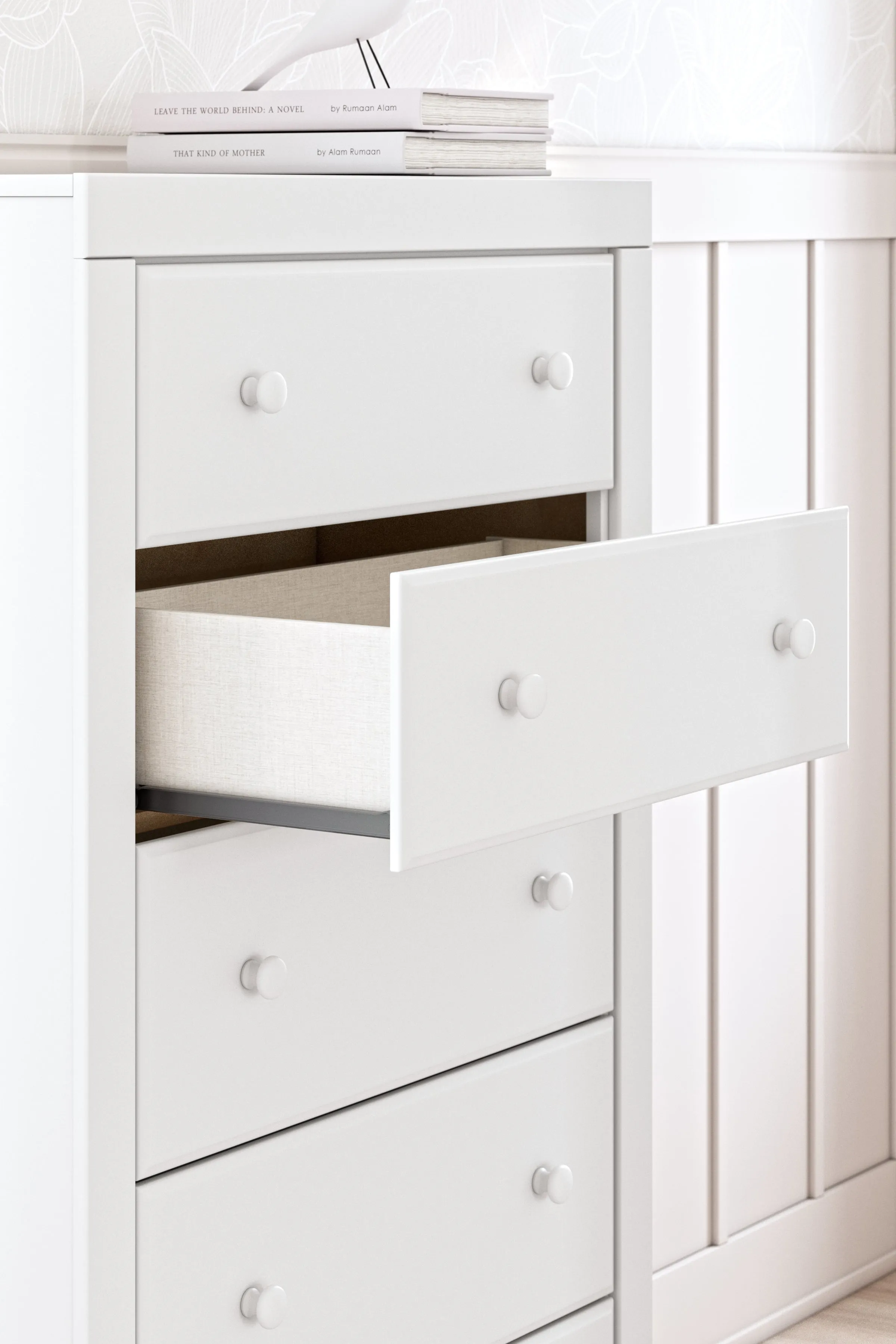 Mollviney Full Panel Storage Bed with Mirrored Dresser and Chest in White