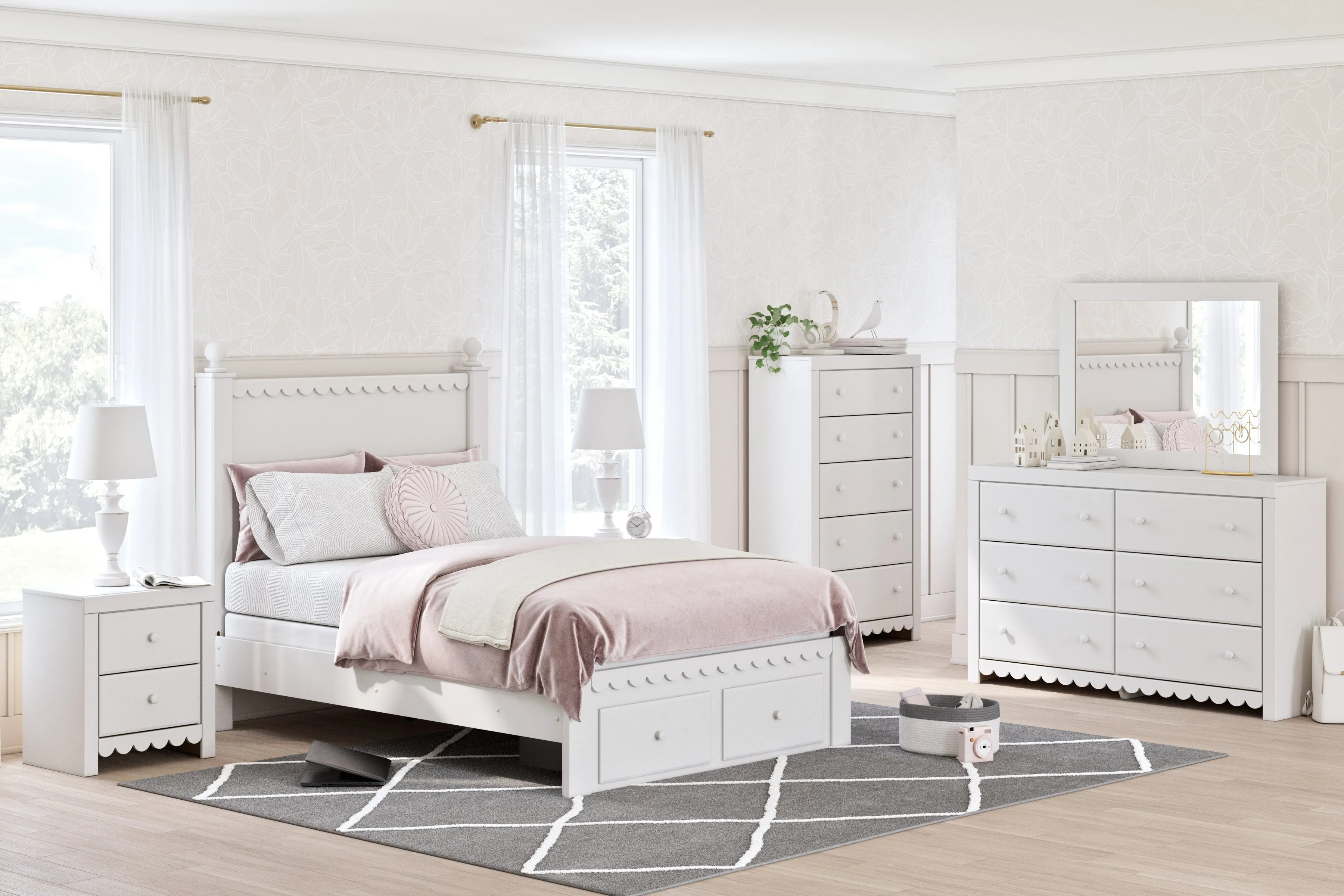 Mollviney Full Panel Storage Bed with Mirrored Dresser and Chest in White