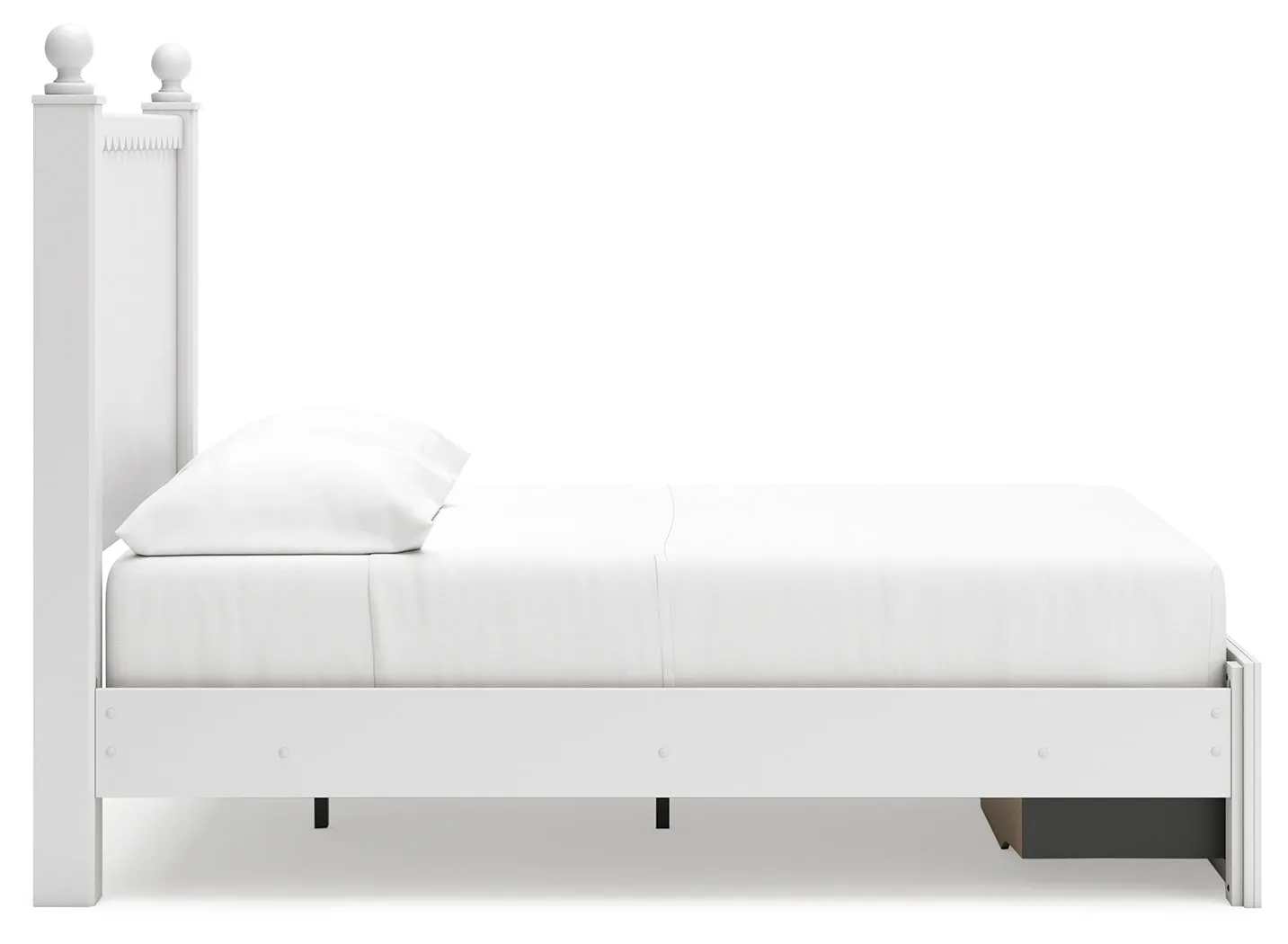 Mollviney Full Panel Storage Bed with Mirrored Dresser and Chest in White