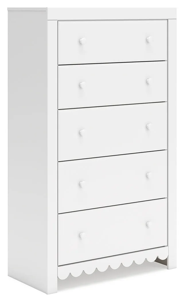 Mollviney Full Panel Storage Bed with Mirrored Dresser and Chest in White