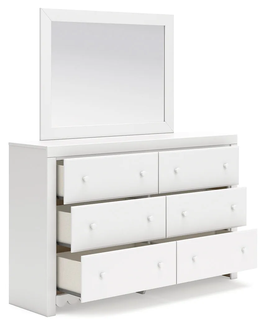 Mollviney Full Panel Storage Bed with Mirrored Dresser and Chest in White