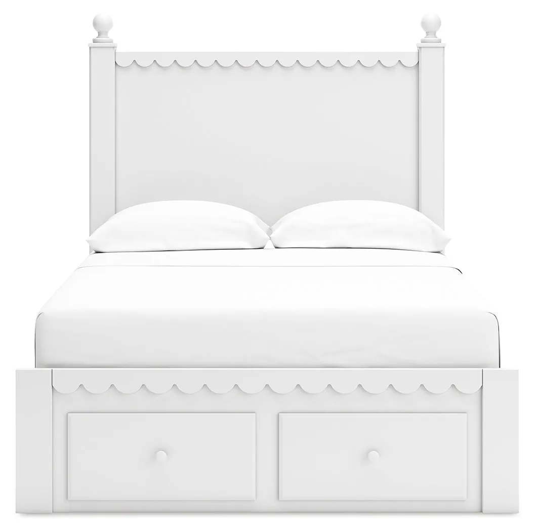 Mollviney Full Panel Storage Bed with Mirrored Dresser and Chest in White