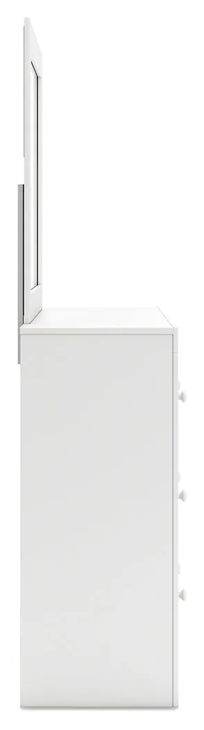 Mollviney Full Panel Storage Bed with Mirrored Dresser and Chest in White