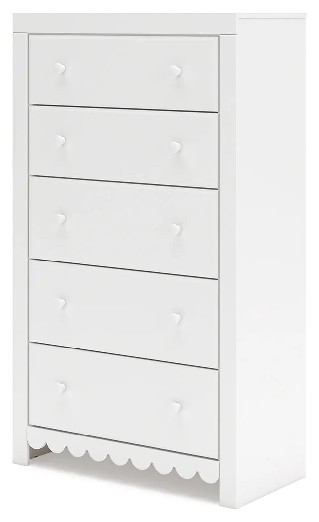 Mollviney Full Panel Storage Bed with Mirrored Dresser and Chest in White
