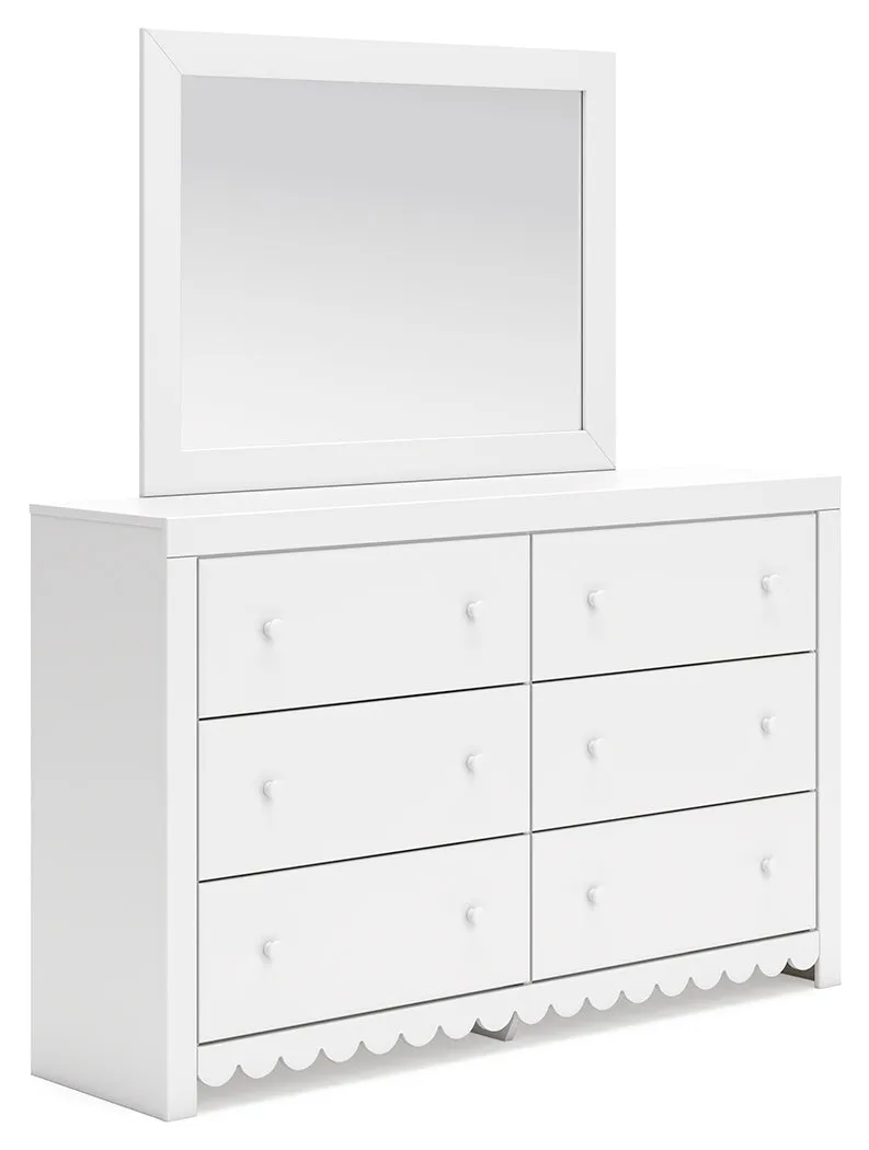 Mollviney Full Panel Storage Bed with Mirrored Dresser and Chest in White