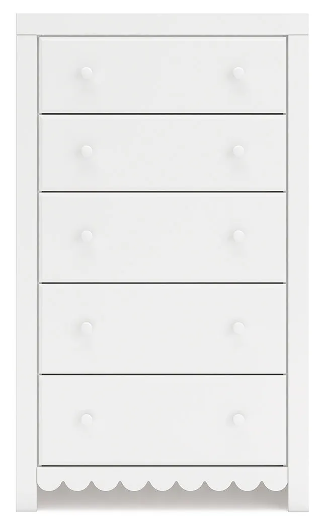 Mollviney Full Panel Storage Bed with Mirrored Dresser and Chest in White