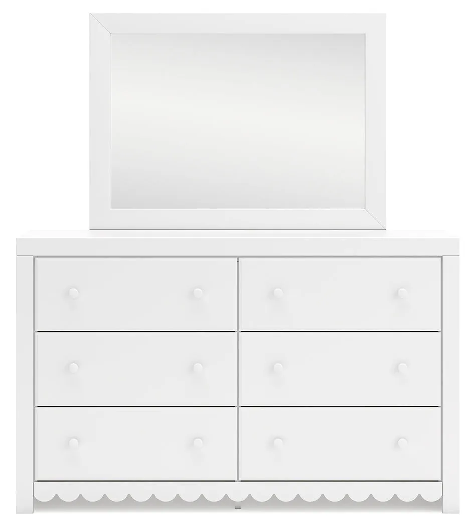 Mollviney Full Panel Storage Bed with Mirrored Dresser and Chest in White