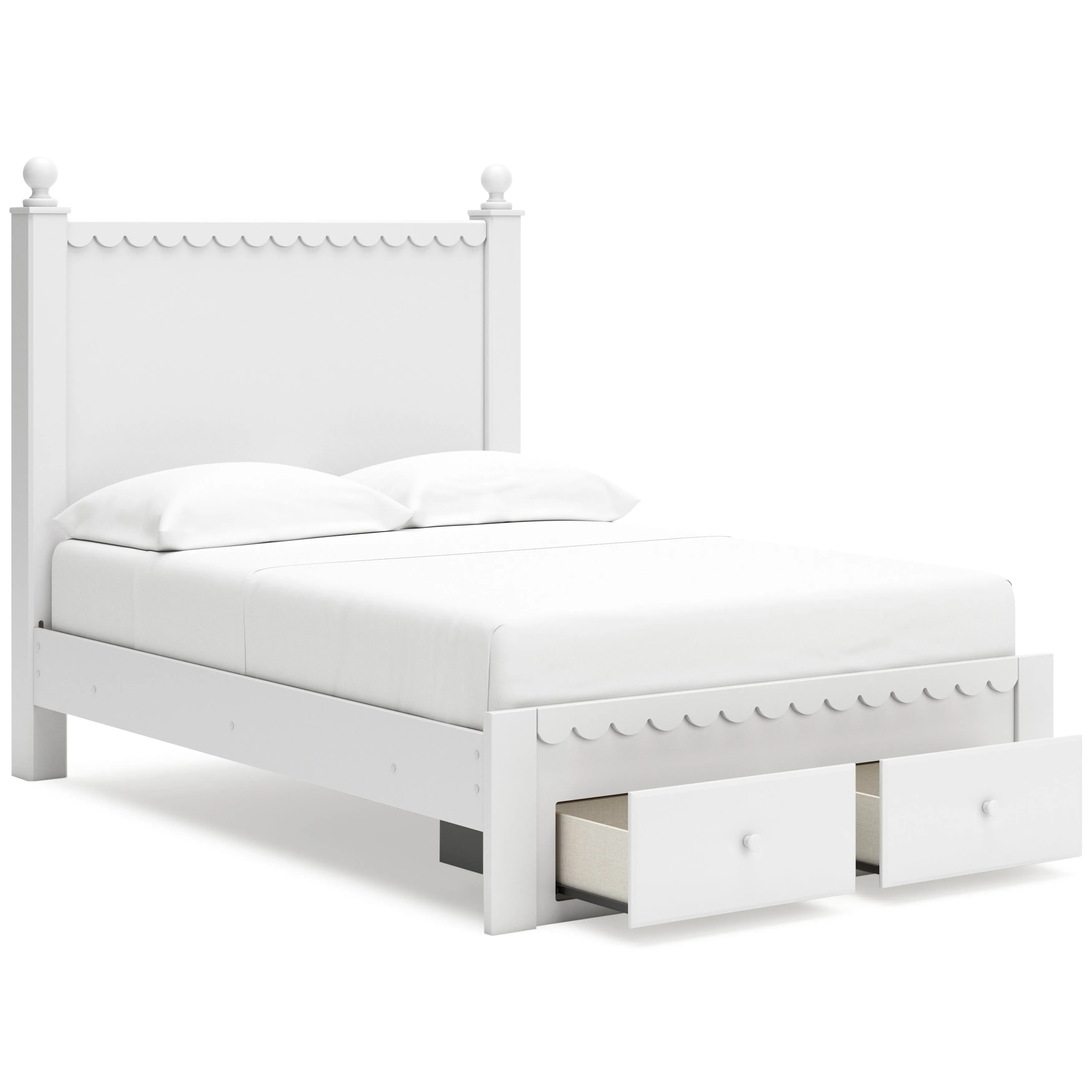 Mollviney Full Panel Storage Bed with Mirrored Dresser and Chest in White