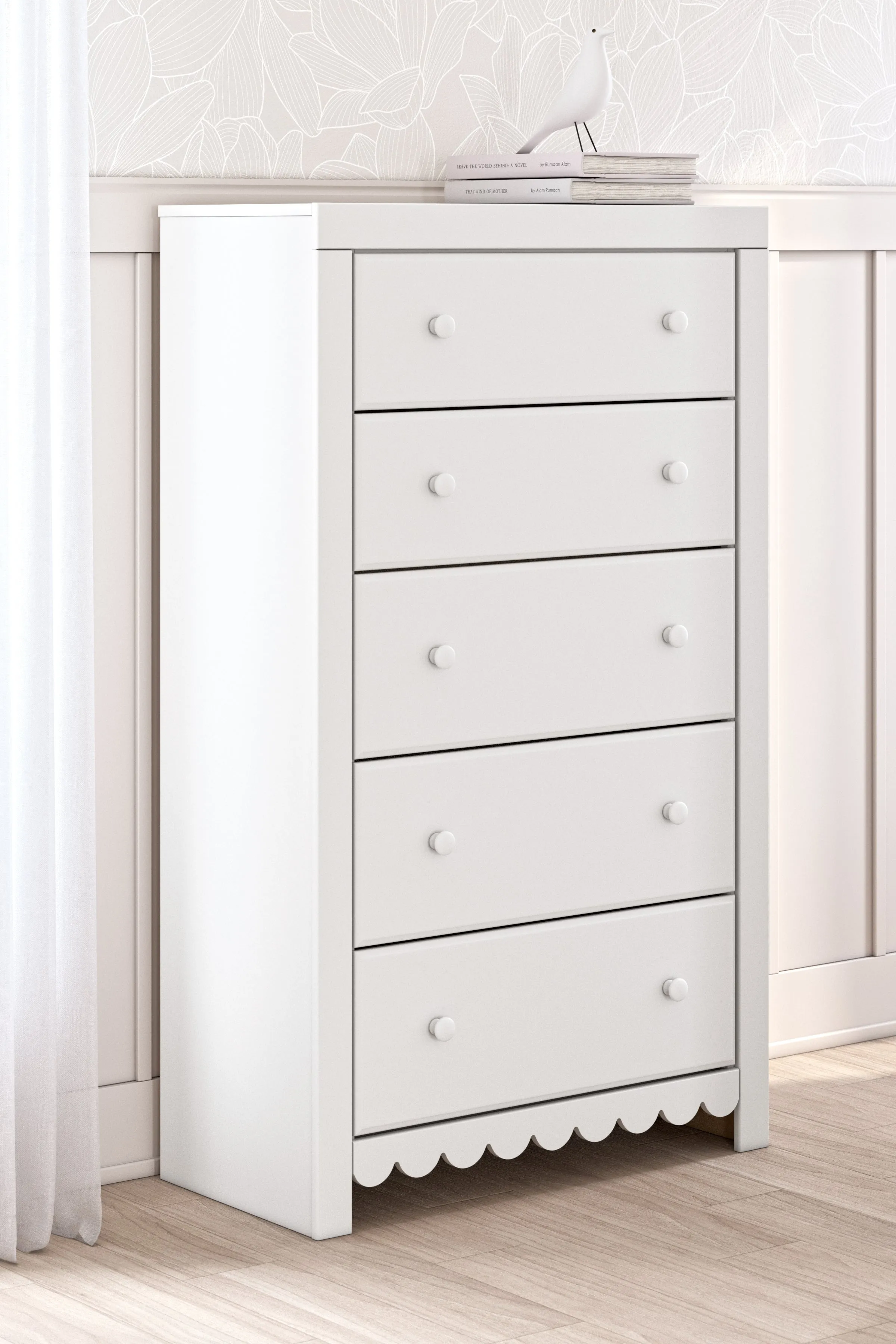 Mollviney Full Panel Storage Bed with Mirrored Dresser and Chest in White