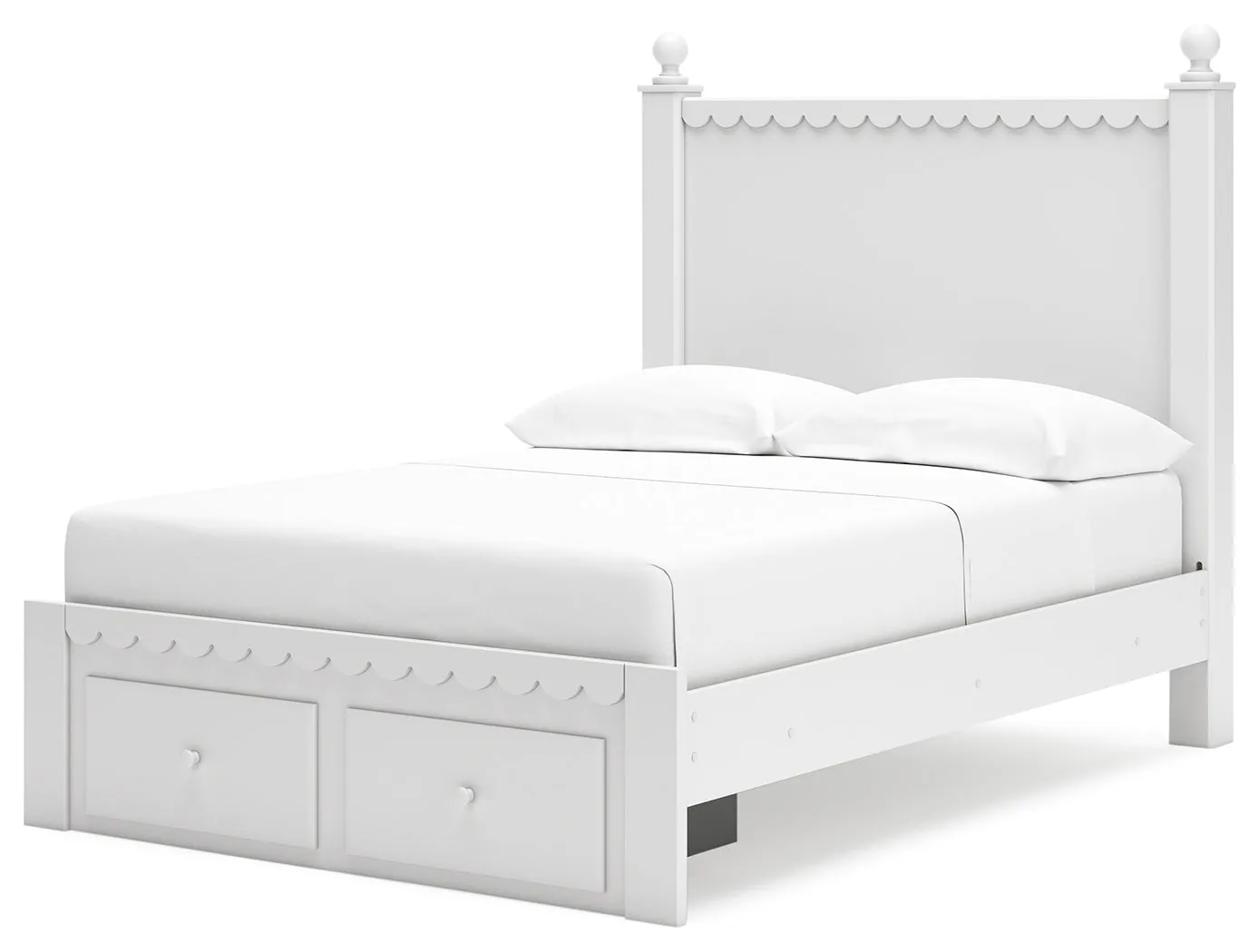 Mollviney Full Panel Storage Bed with Mirrored Dresser and Chest in White