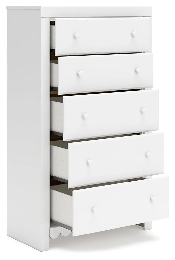 Mollviney Full Panel Storage Bed with Mirrored Dresser and Chest in White