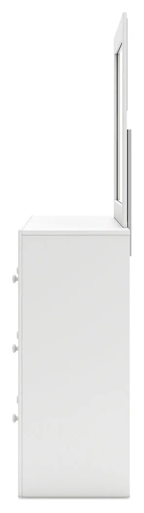 Mollviney Full Panel Storage Bed with Mirrored Dresser and Chest in White