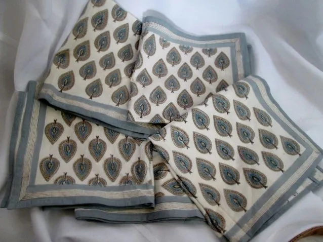 NEW Set ANOKHI 43X43 PRINTED CLOTH NAPKIN Table Decor WHITE BLUE CYPRESS BOHO Entertaining