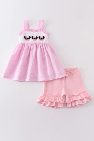 Pink character french knot seersucker girl set