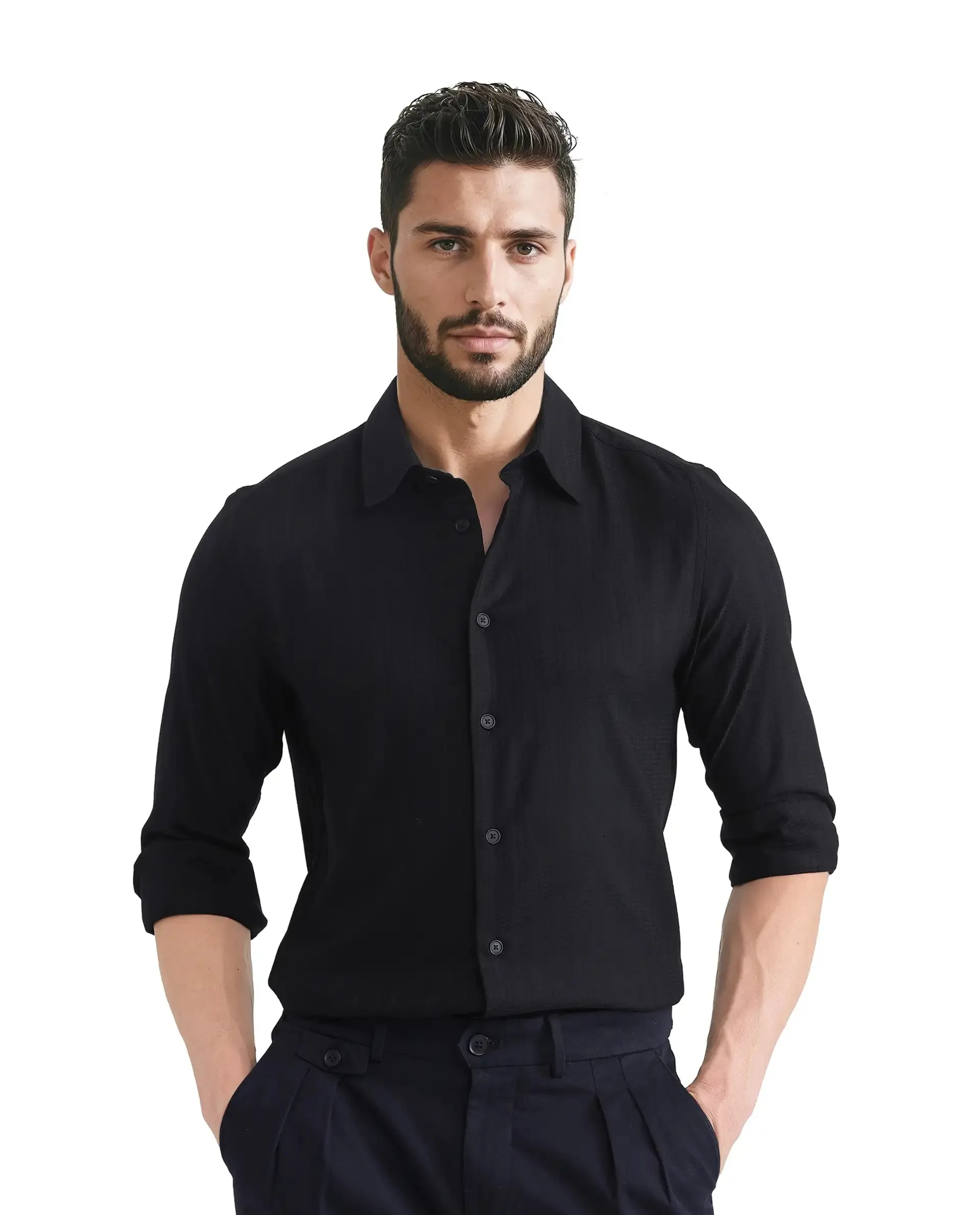 Rare Rabbit Men's Hon Black Cotton Fabric Full Sleeve Collared Neck Button Closure Printed Shirt