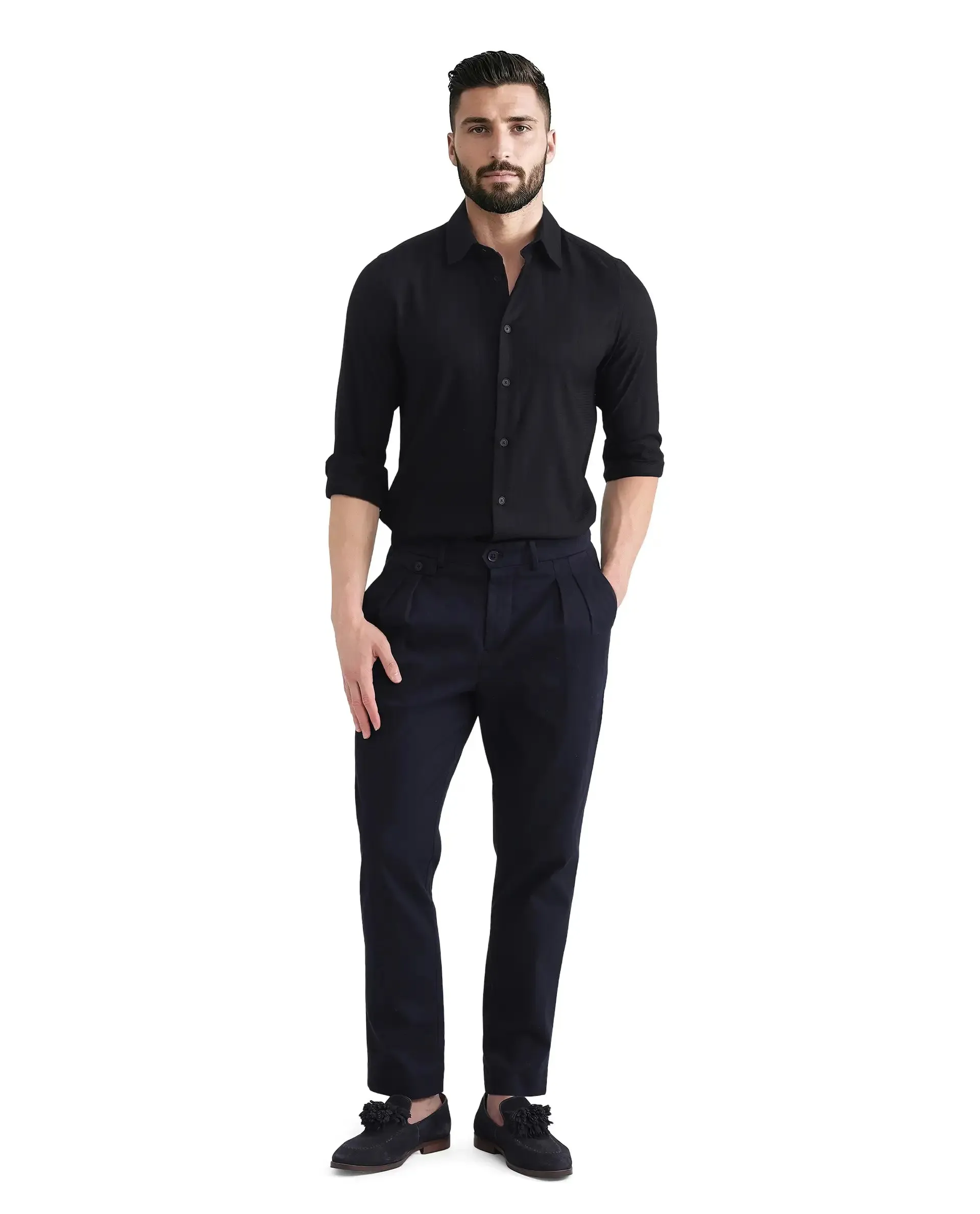 Rare Rabbit Men's Hon Black Cotton Fabric Full Sleeve Collared Neck Button Closure Printed Shirt