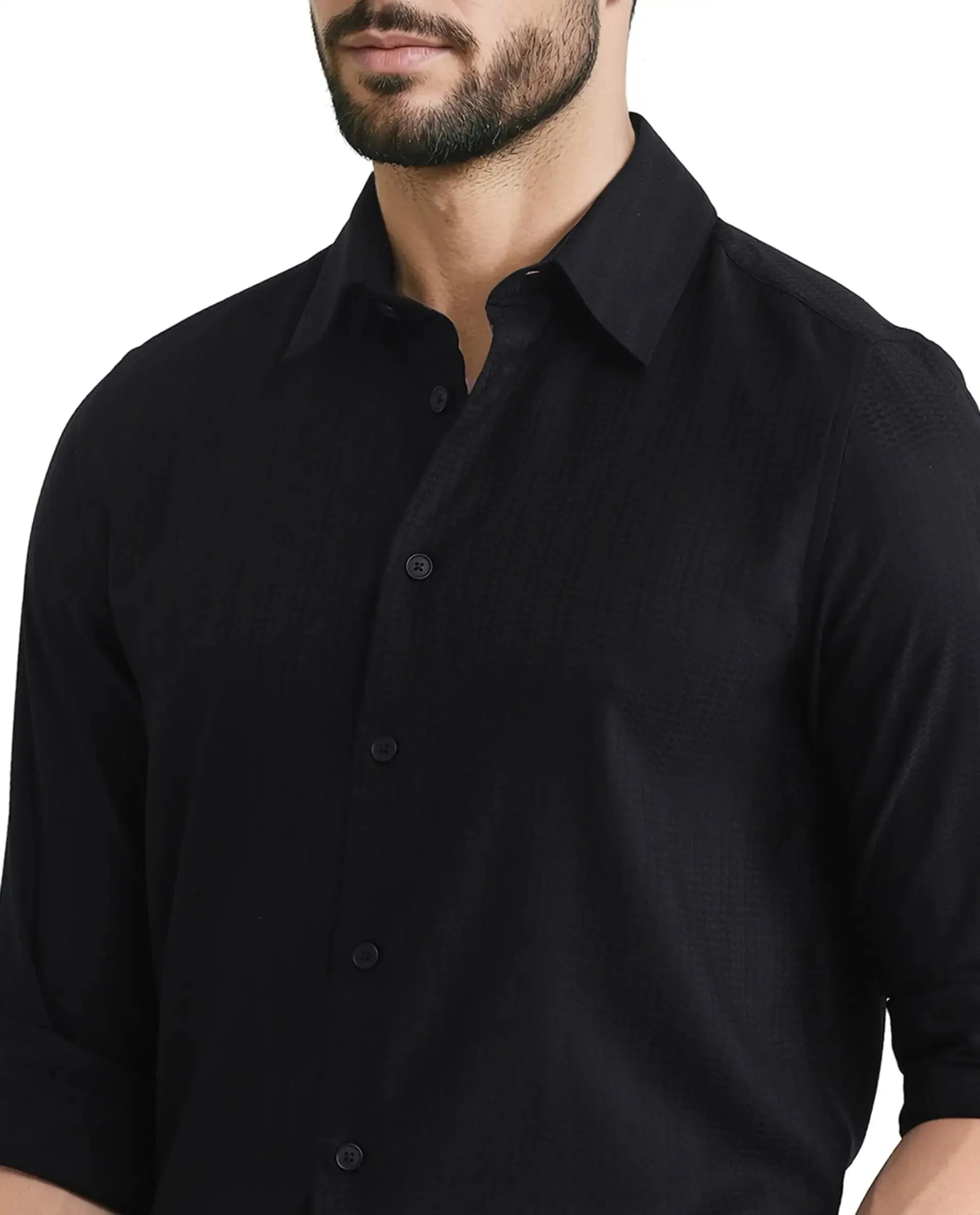 Rare Rabbit Men's Hon Black Cotton Fabric Full Sleeve Collared Neck Button Closure Printed Shirt