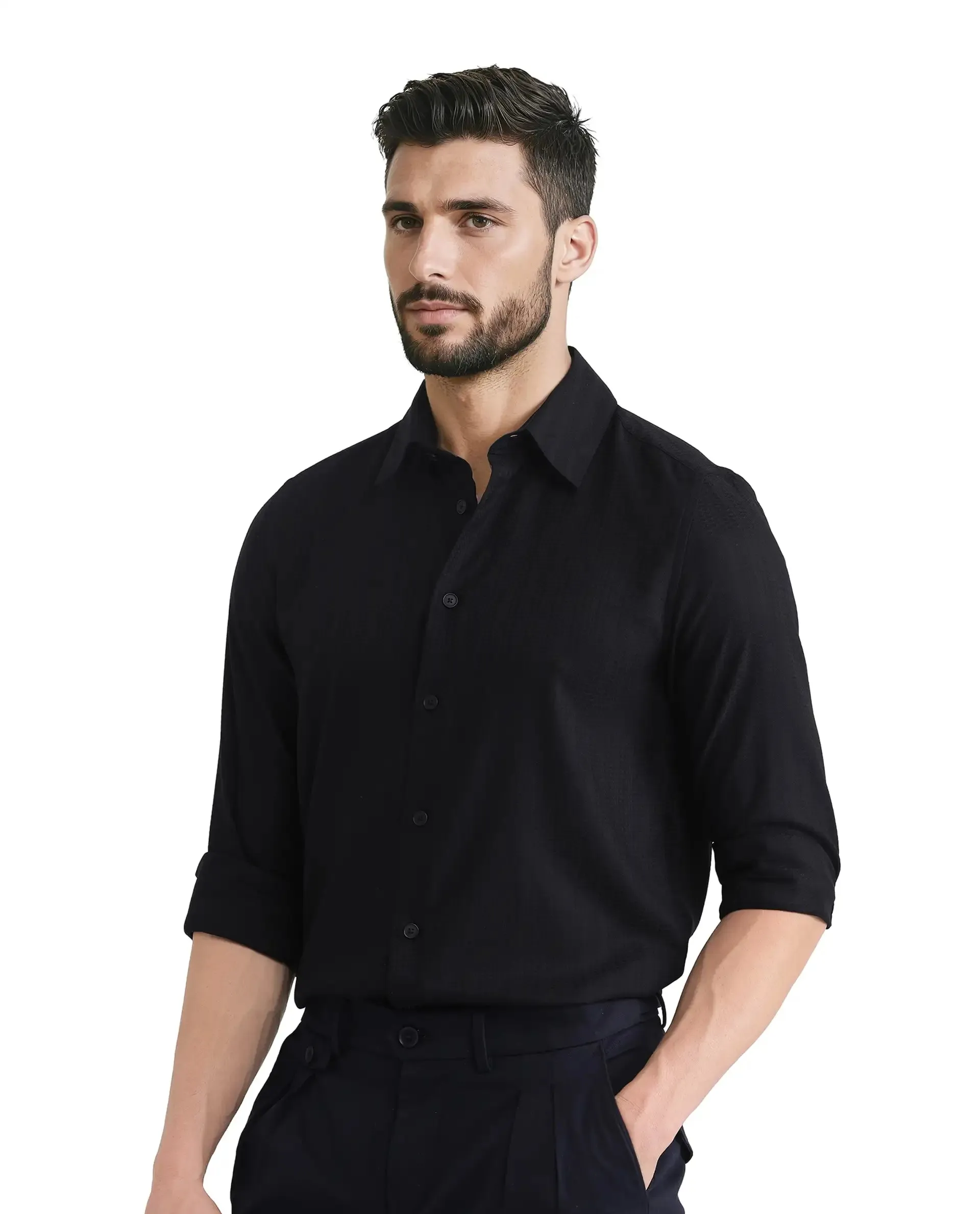 Rare Rabbit Men's Hon Black Cotton Fabric Full Sleeve Collared Neck Button Closure Printed Shirt