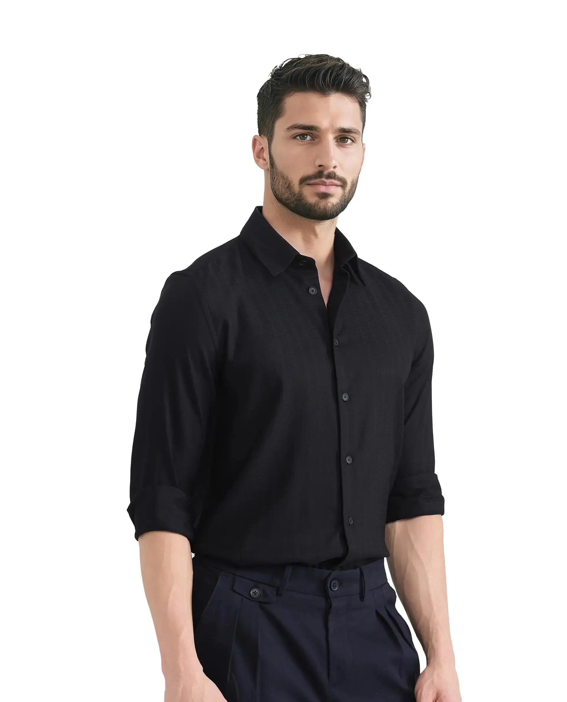 Rare Rabbit Men's Hon Black Cotton Fabric Full Sleeve Collared Neck Button Closure Printed Shirt