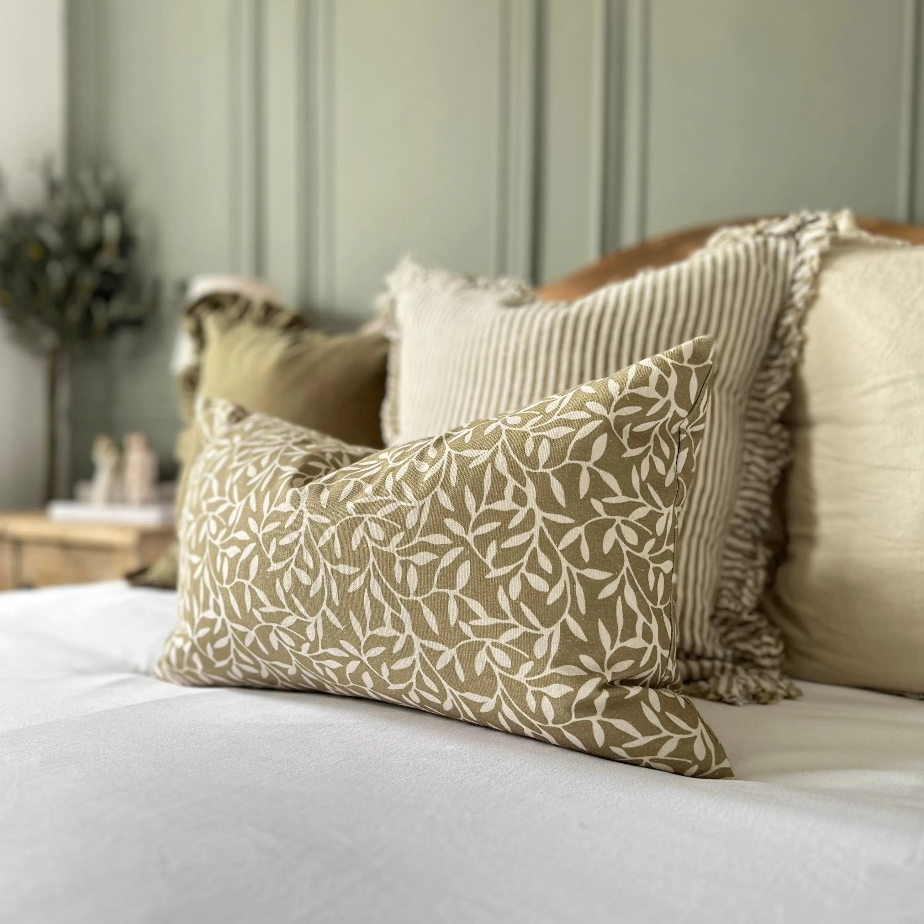 Rectangle Olive Leaf Print Cushion 50x30cm