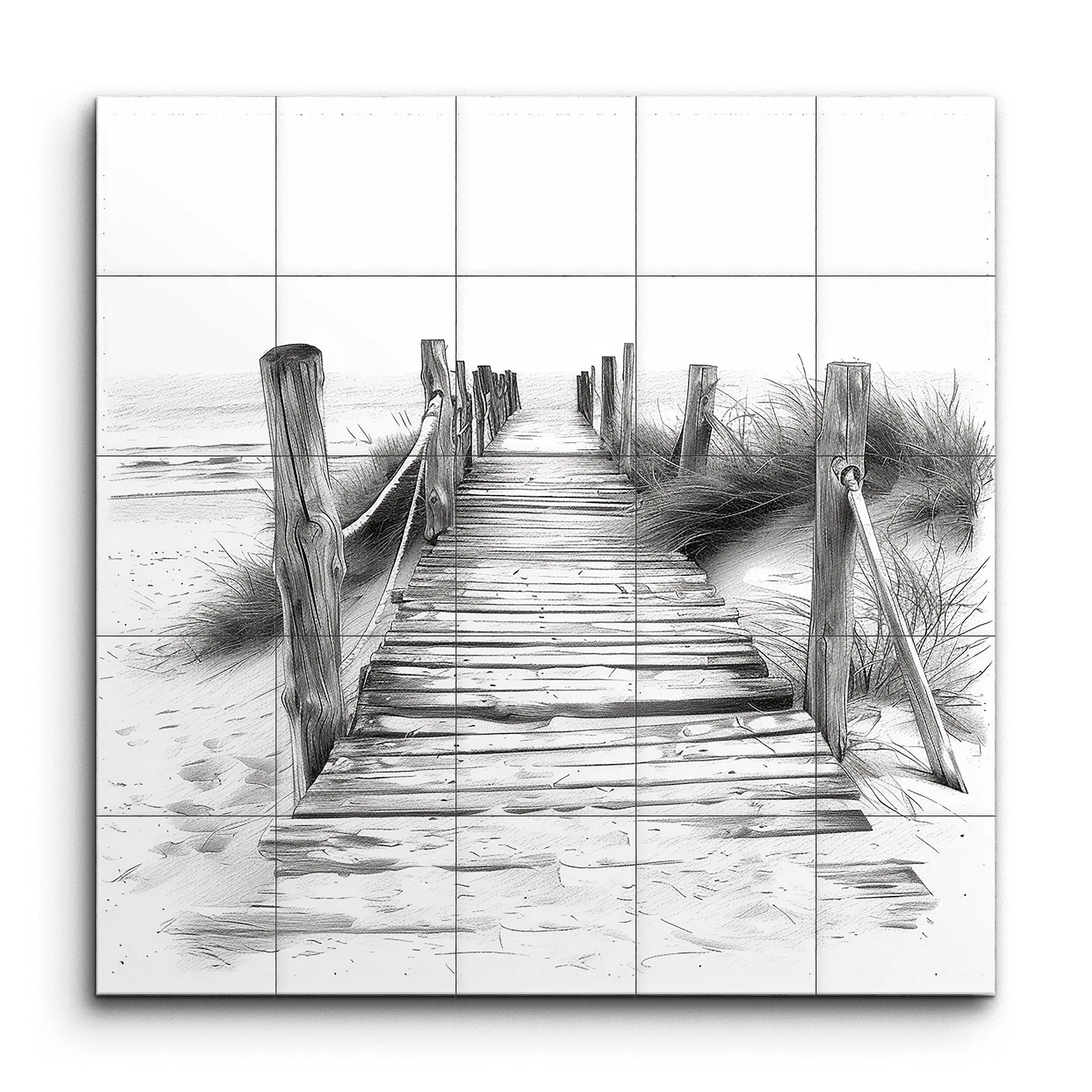 Serene Beach Boardwalk: Monochromatic Tranquility