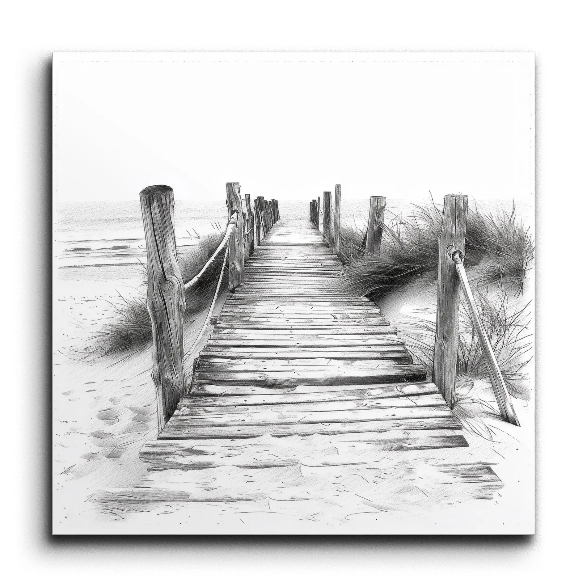 Serene Beach Boardwalk: Monochromatic Tranquility