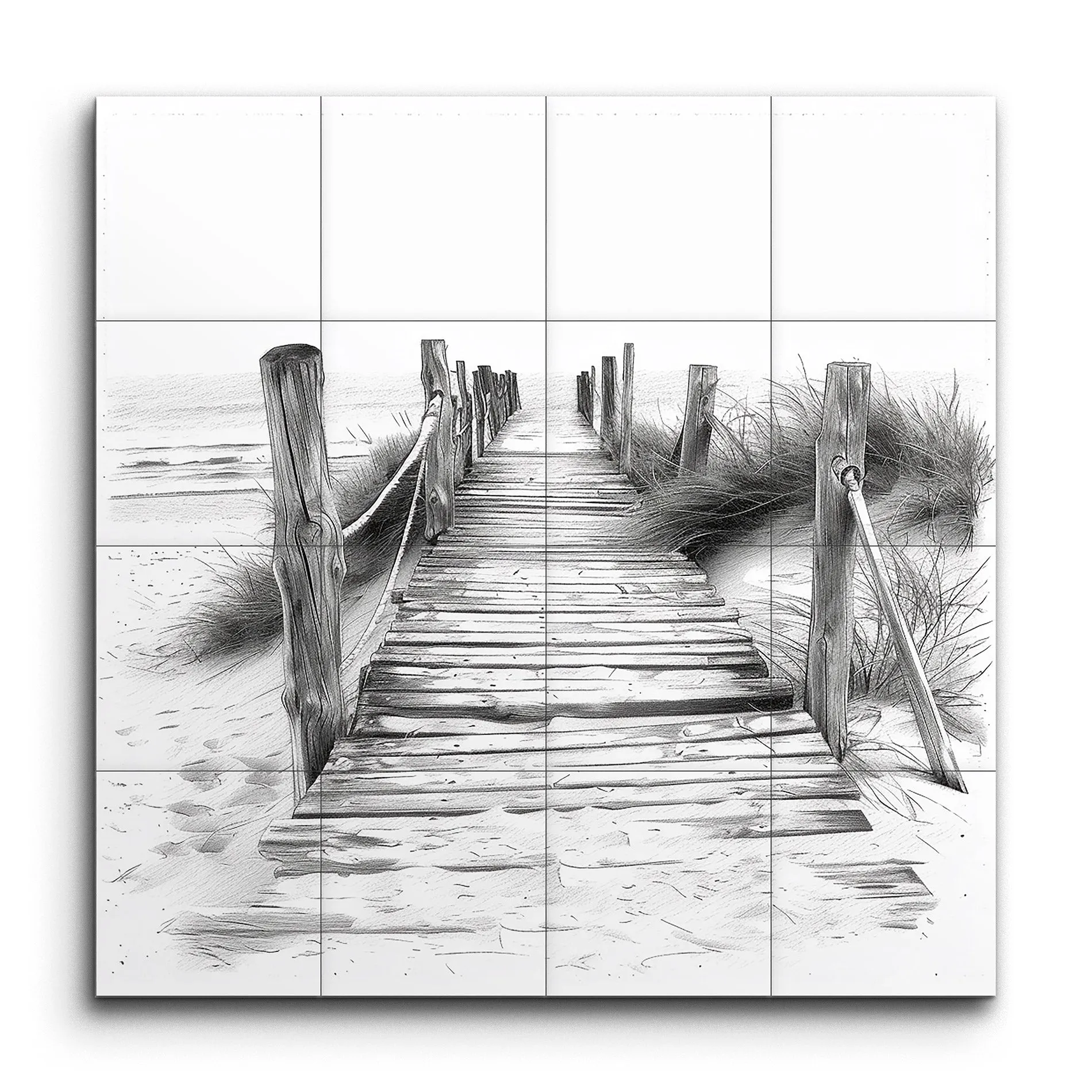 Serene Beach Boardwalk: Monochromatic Tranquility