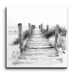 Serene Beach Boardwalk: Monochromatic Tranquility