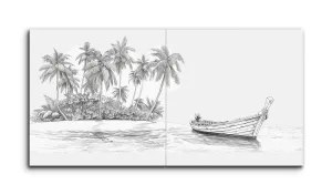 Serene Tropical Island with Boat in Black-and-White