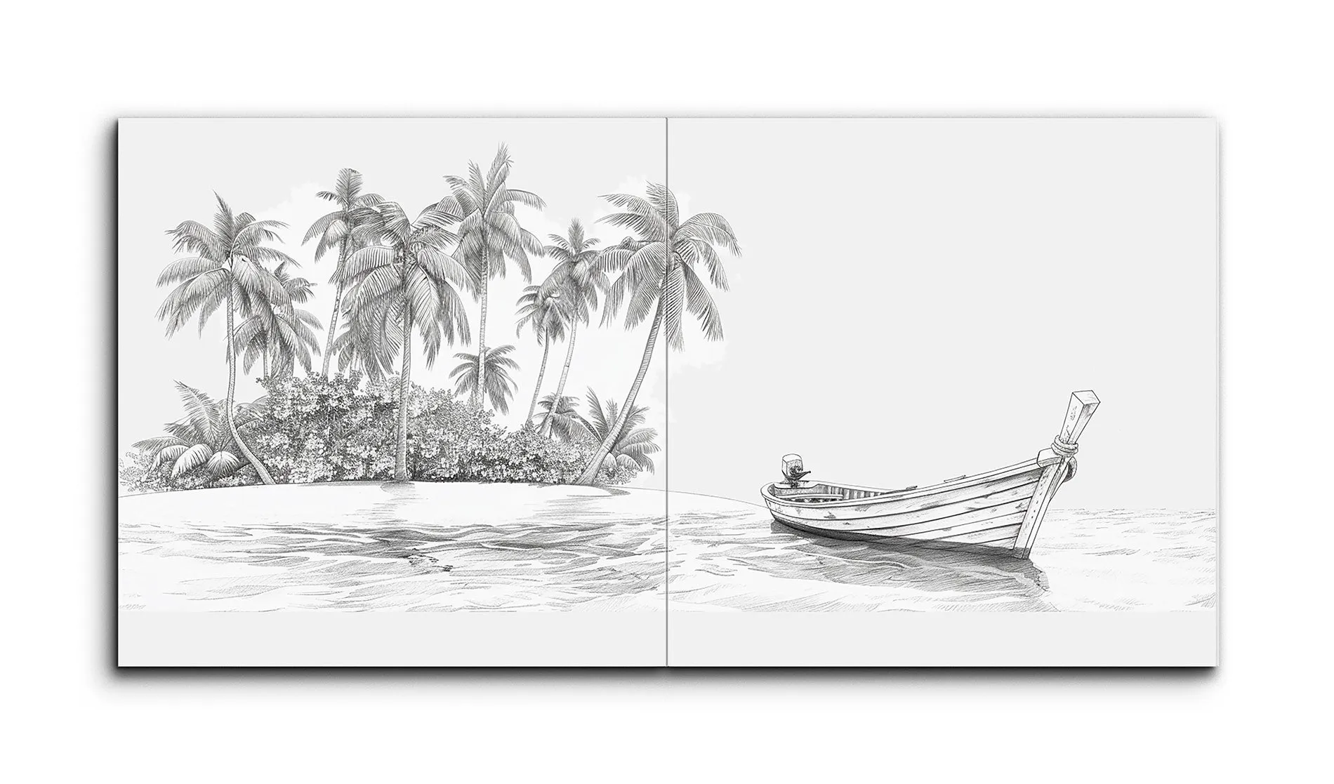 Serene Tropical Island with Boat in Black-and-White