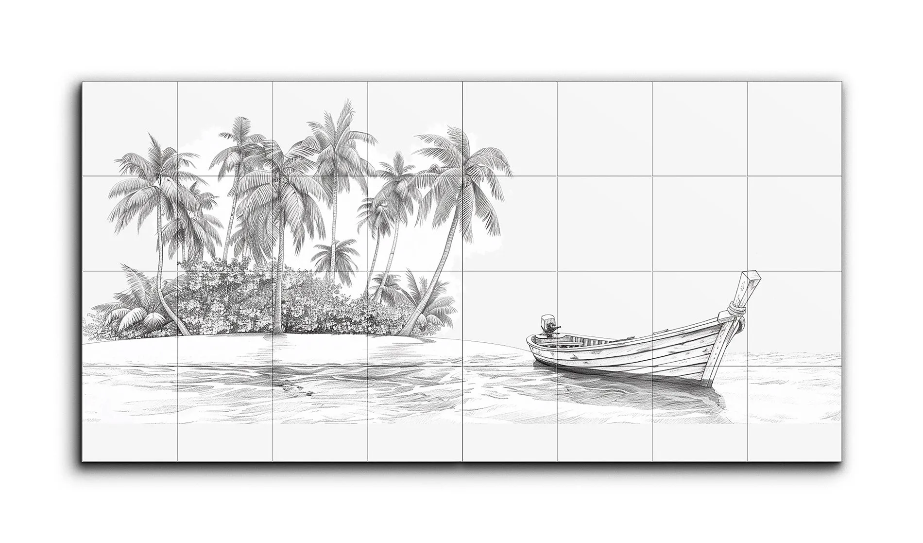 Serene Tropical Island with Boat in Black-and-White