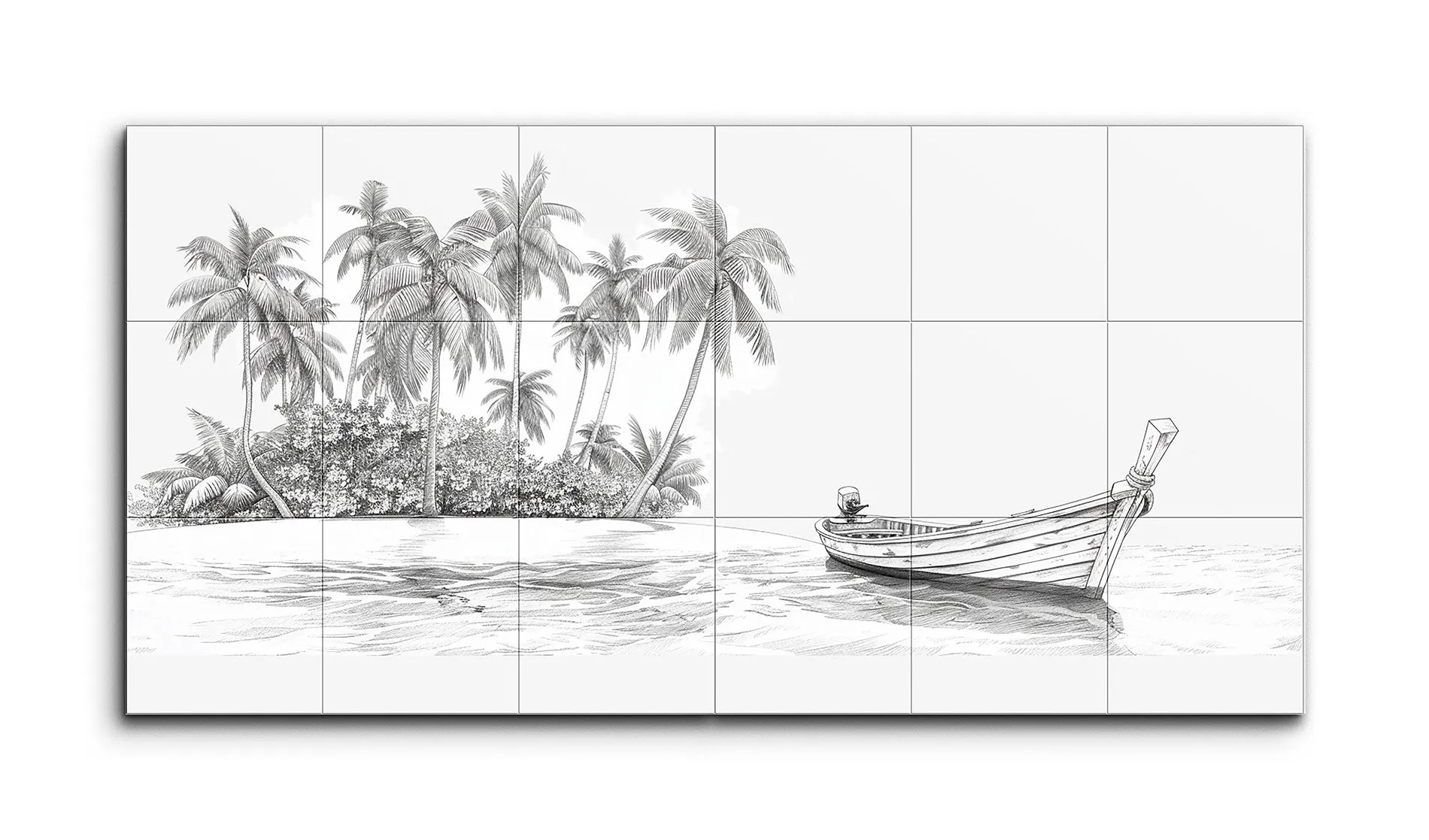 Serene Tropical Island with Boat in Black-and-White