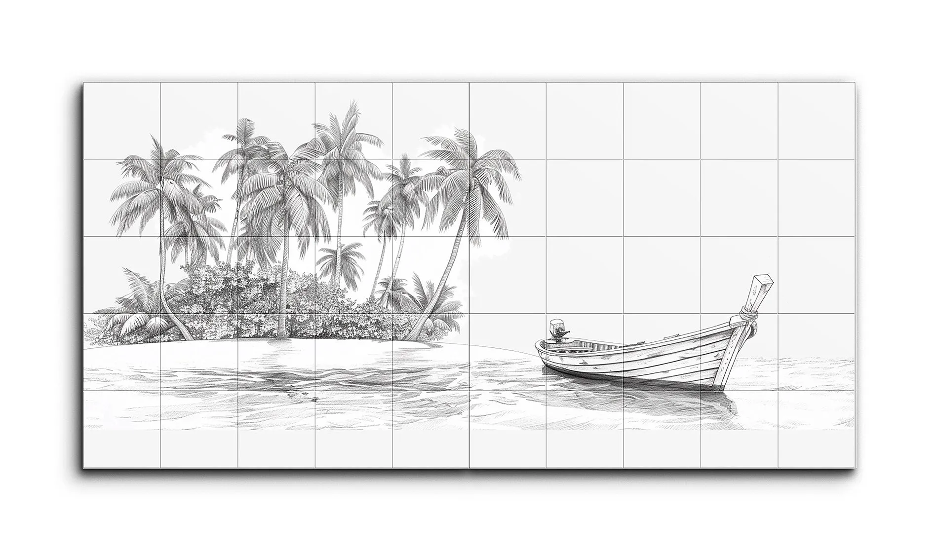 Serene Tropical Island with Boat in Black-and-White