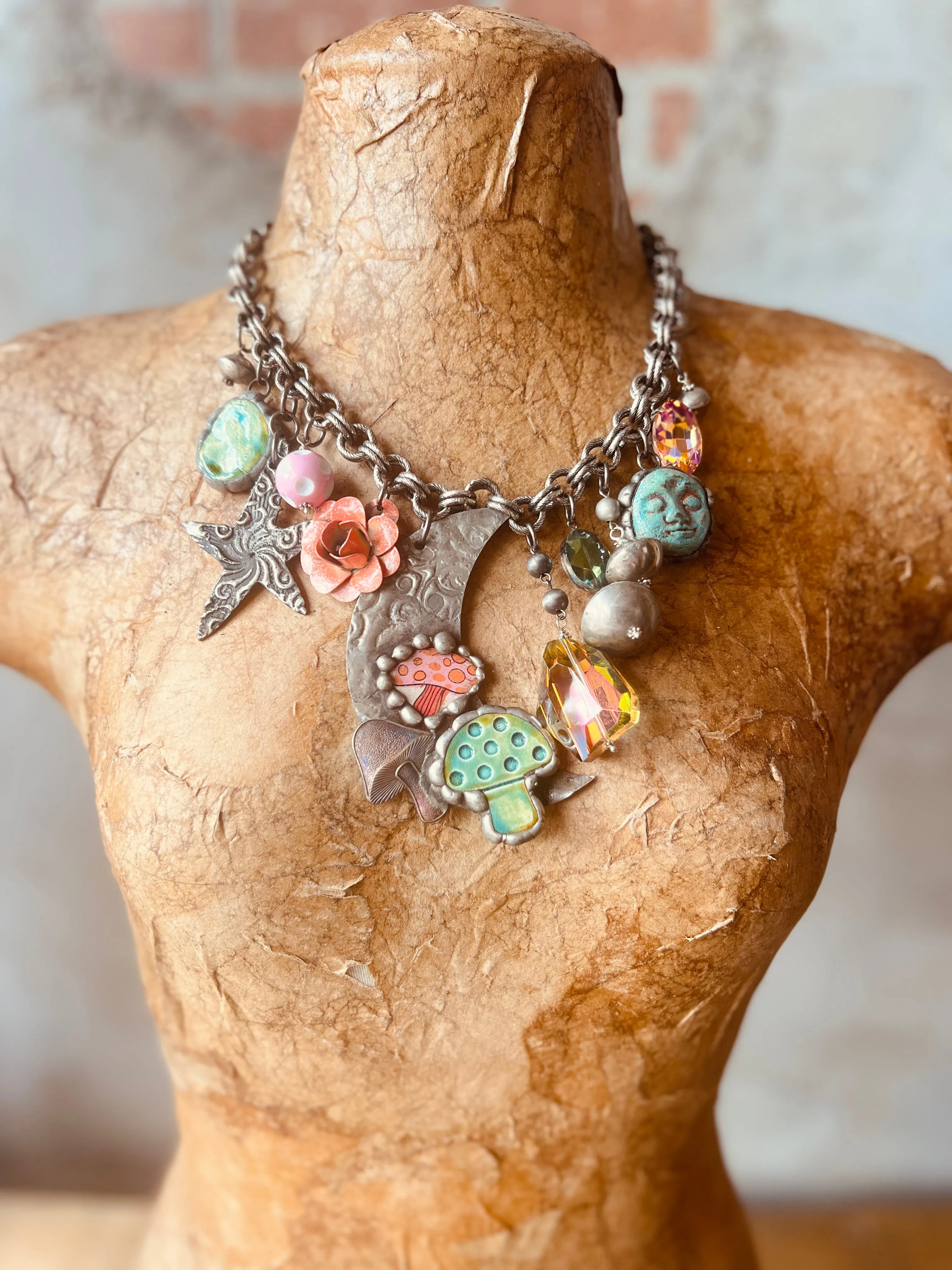 Vintage Tin Moon & Mushrooms Necklace