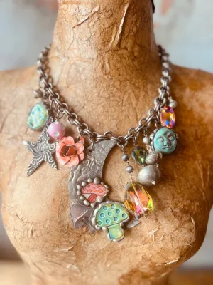 Vintage Tin Moon & Mushrooms Necklace